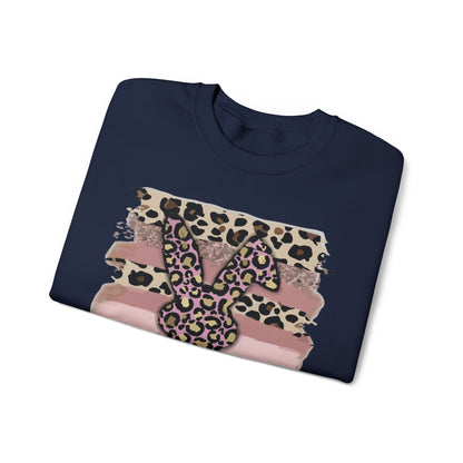 Leopard Print Bunny Crewneck Sweatshirt — Pink Striped Animal Easter Pullover