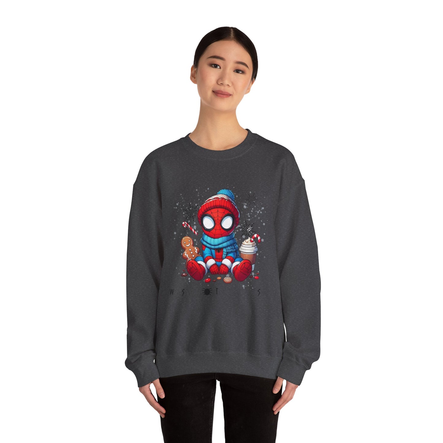 Holiday Spider Crewneck Sweatshirt — Cute Spidey in Winter Hat with Gingerbread & Cocoa