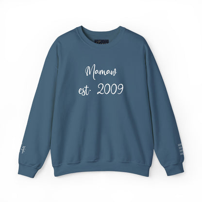 Embroidered Mamaw est. 2009- Grandkids on Wrist - Crewneck Sweatshirt — Personalized Grandma Gift