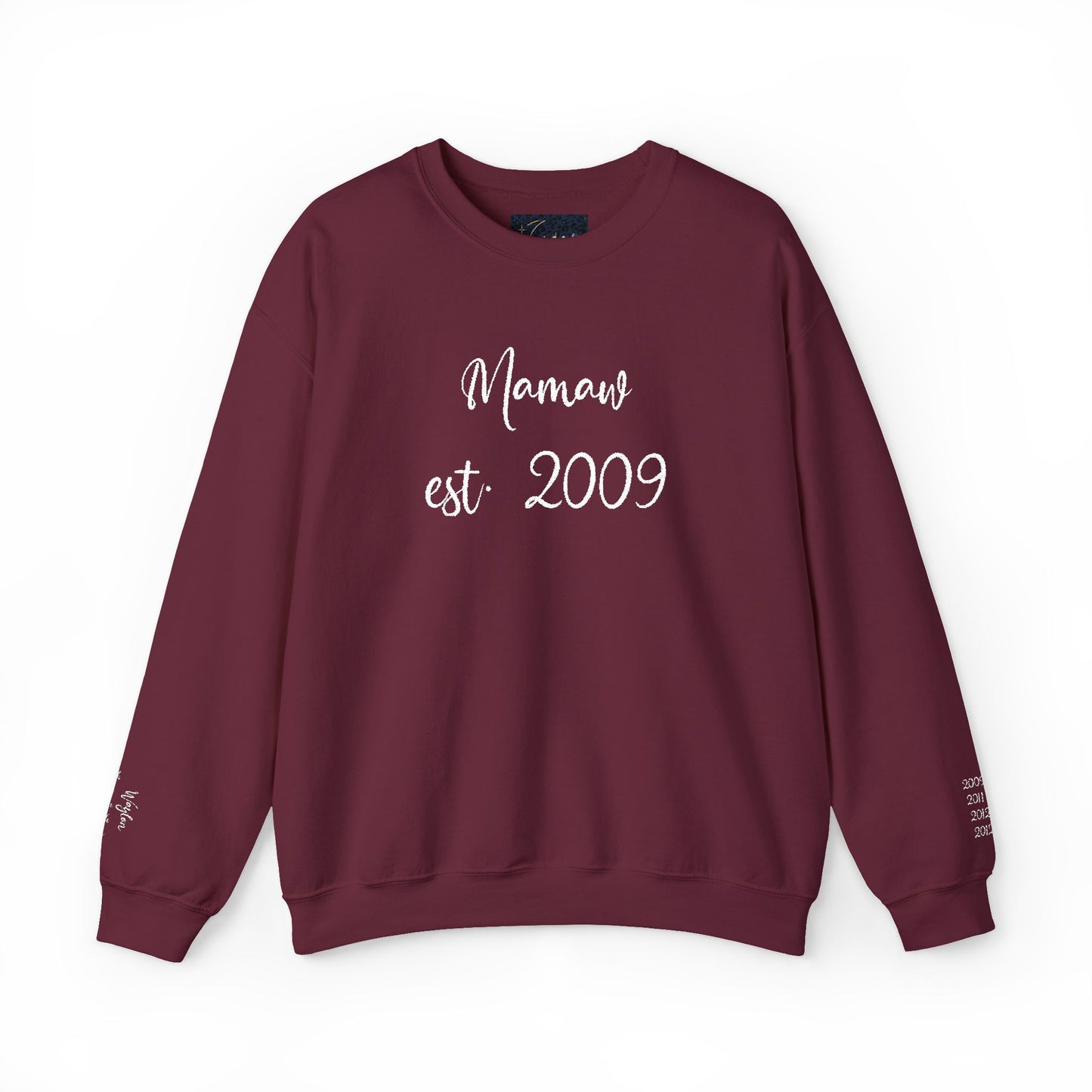 Embroidered Mamaw est. 2009- Grandkids on Wrist - Crewneck Sweatshirt — Personalized Grandma Gift