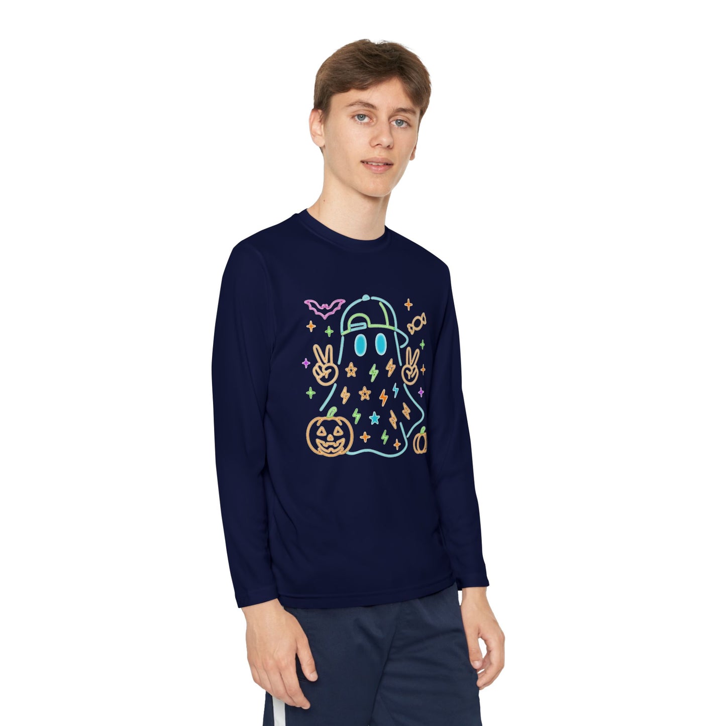Youth Long Sleeve Ghost Tee, Halloween Shirt, Pumpkin Design, Cute Apparel, Kids' Holiday Wear, Spooky Fun Top