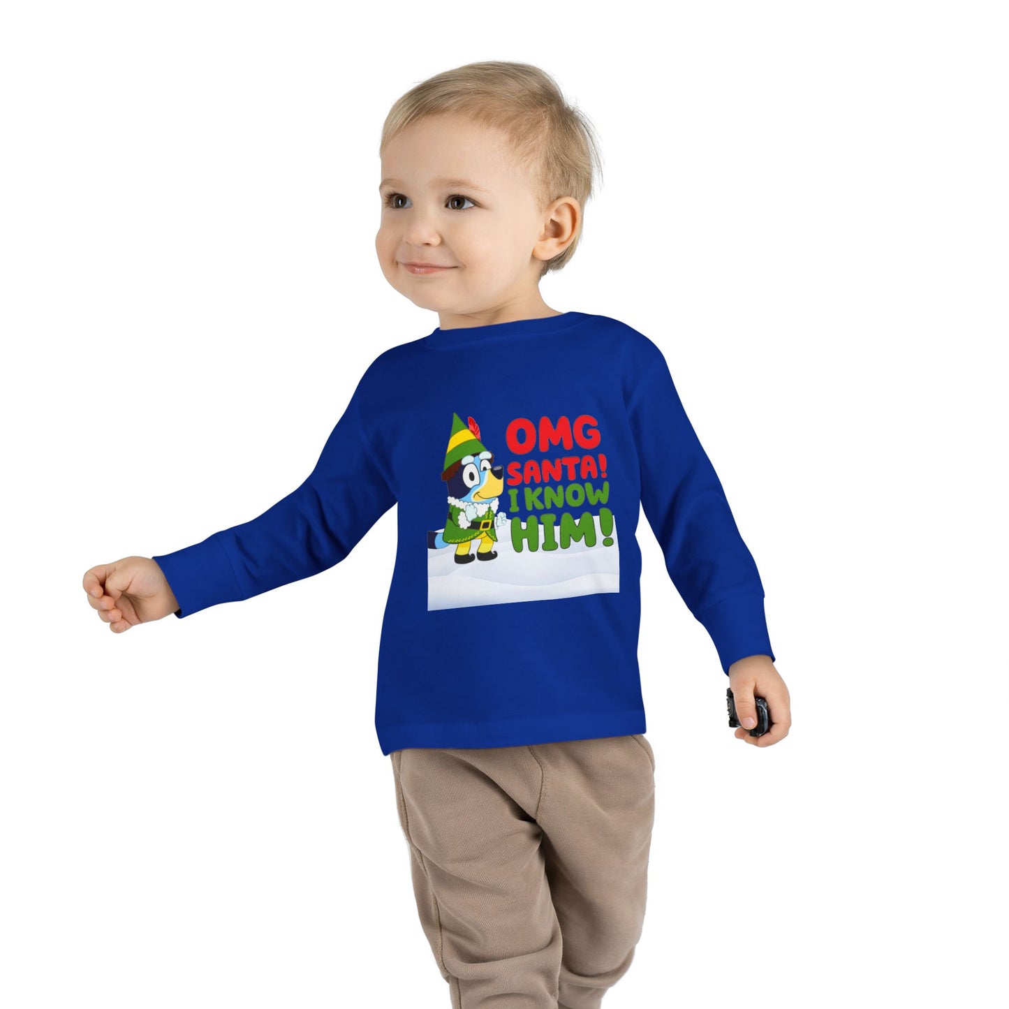 BLUE-Y Toddler Long Sleeve Tee — "OMG Santa! I Know Him!" DOG Christmas Shirt