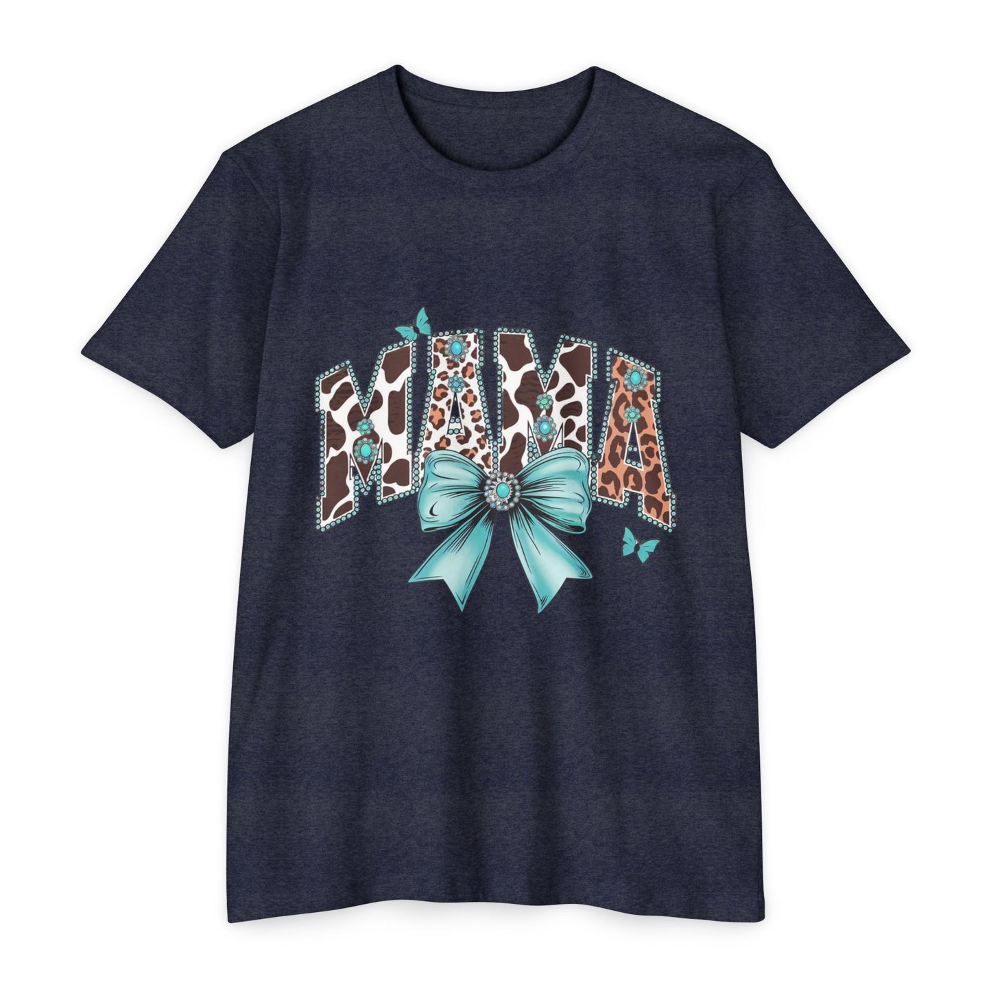 Mama Leopard Print Ribbon T‑Shirt — Teal Bow Mom Shirt