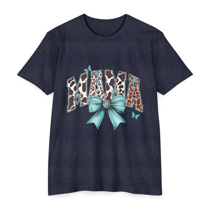 Mama Leopard Print Ribbon T‑Shirt — Teal Bow Mom Shirt