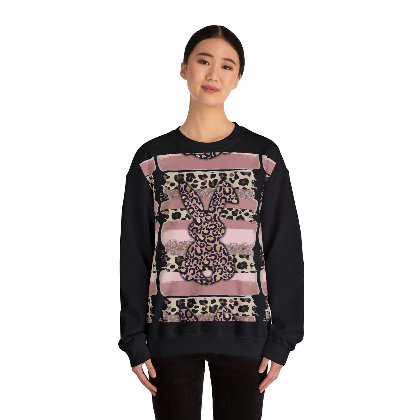 Leopard Print Bunny Crewneck Sweatshirt — Pink Striped Animal Easter Pullover