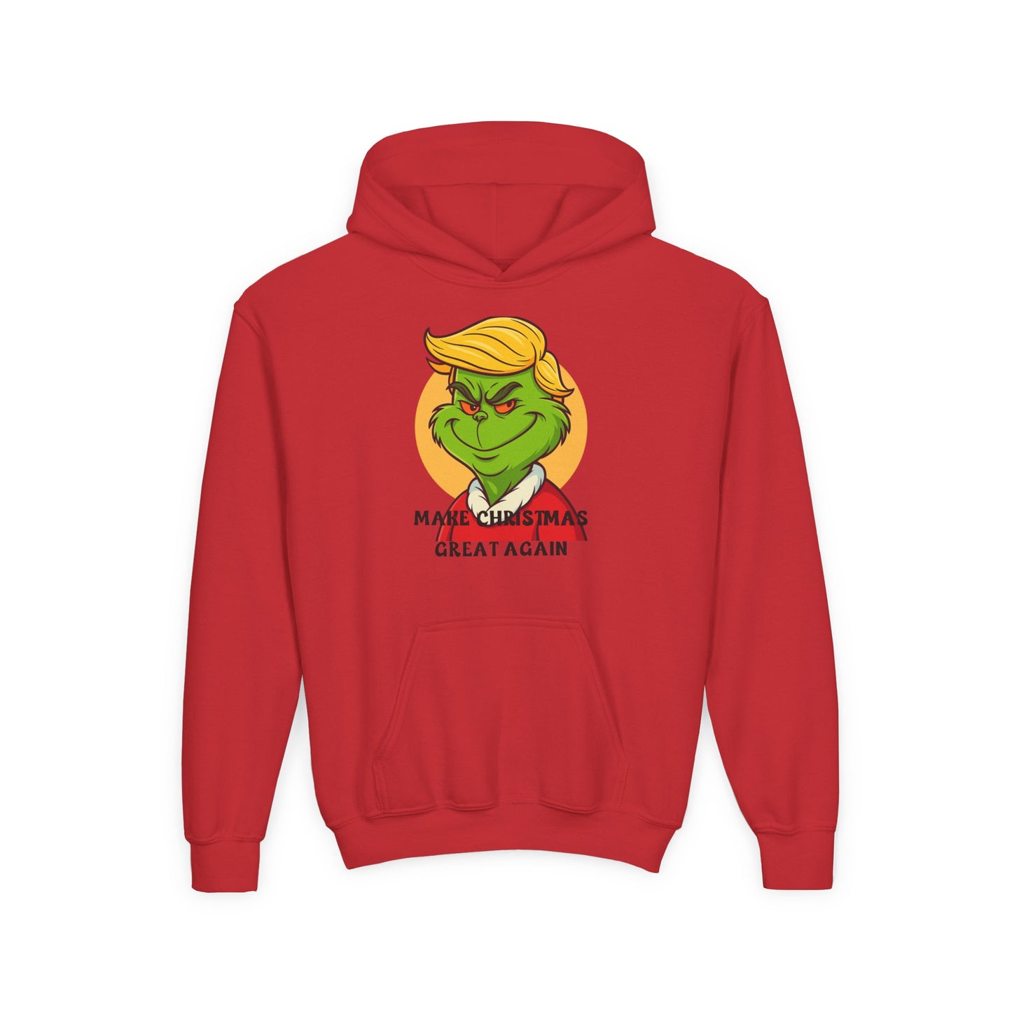 Youth Hoodie — Grinch Face Holiday Sweatshirt with 'Make Christmas Great Again' Text