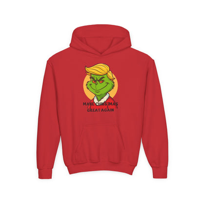 Youth Hoodie — Grinch Face Holiday Sweatshirt with 'Make Christmas Great Again' Text