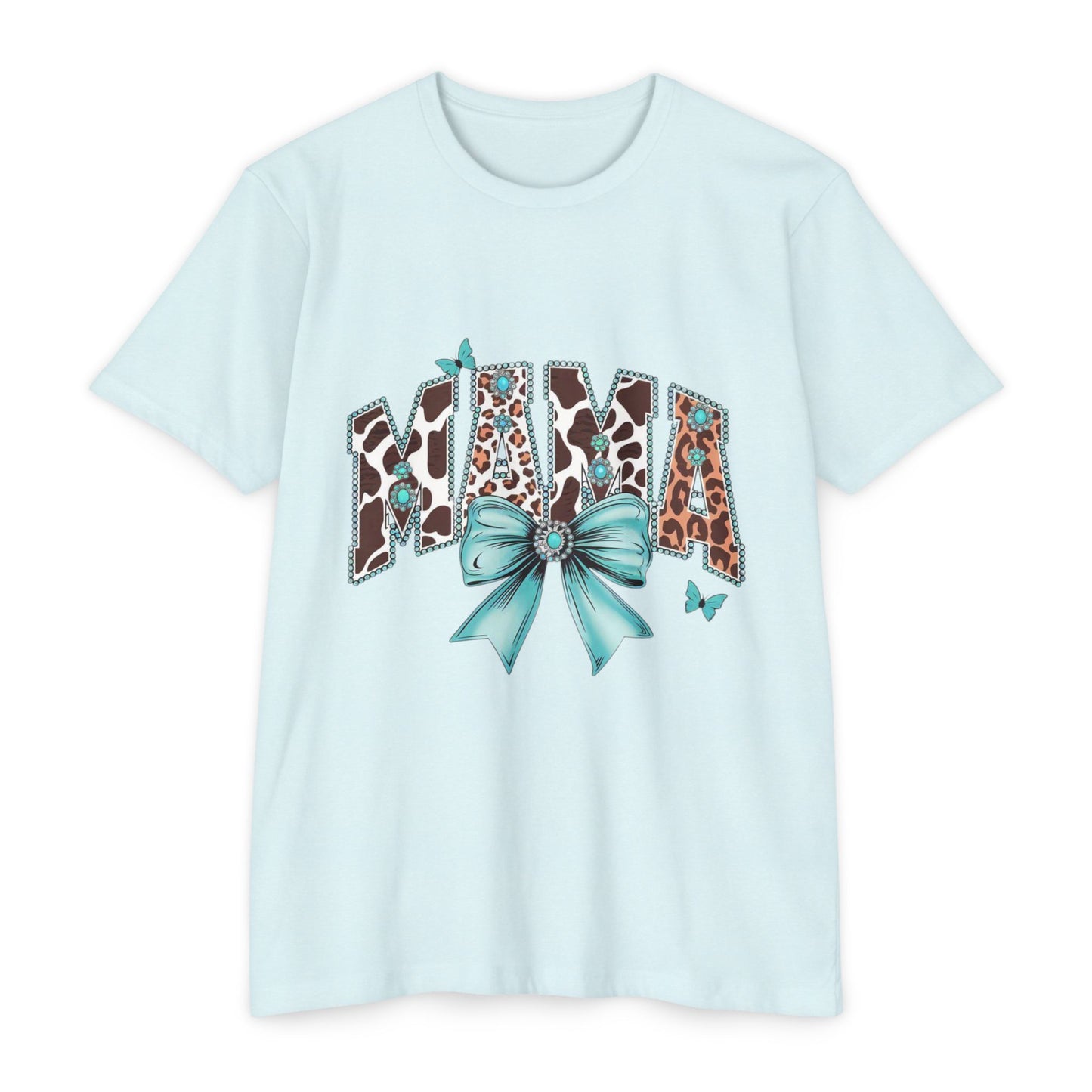 Mama Leopard Print Ribbon T‑Shirt — Teal Bow Mom Shirt