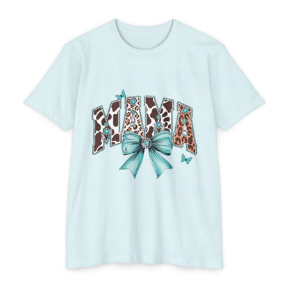 Mama Leopard Print Ribbon T‑Shirt — Teal Bow Mom Shirt