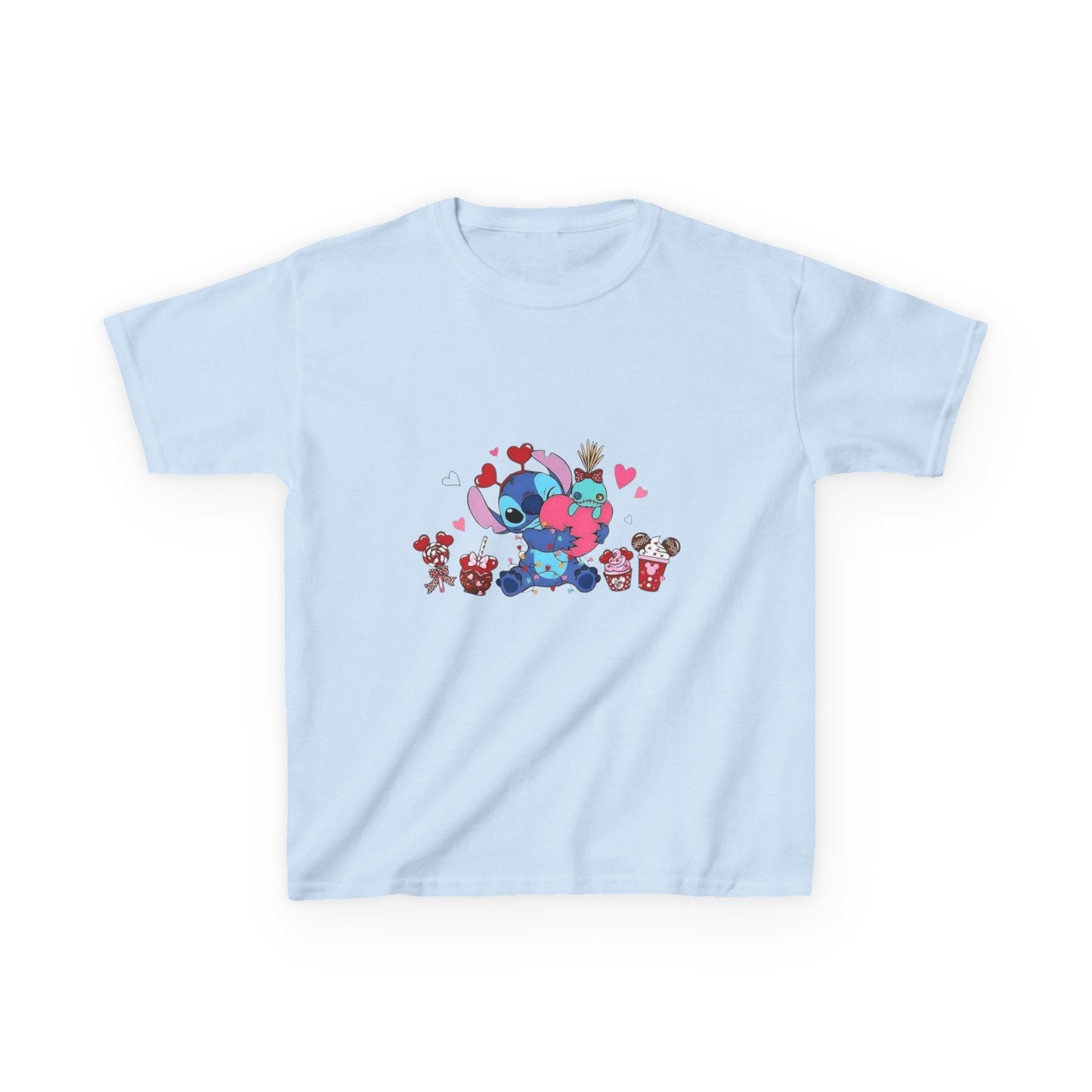 Stitch- Kids Valentine Alien Tee — Cute Blue Alien Hugging Pink Heart Plushie