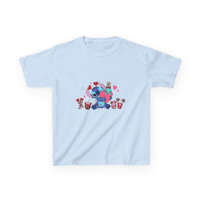Stitch- Kids Valentine Alien Tee — Cute Blue Alien Hugging Pink Heart Plushie