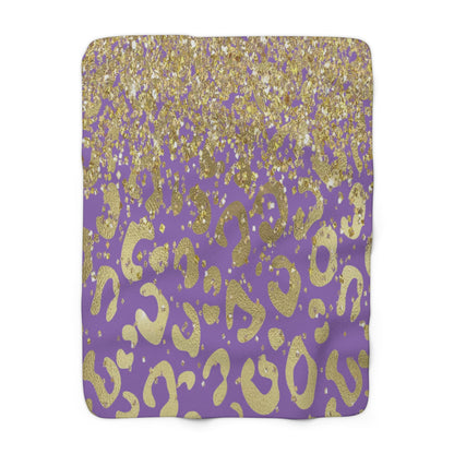 Gold Glitter Leopard Sherpa Blanket — Purple Animal Print Cozy Throw