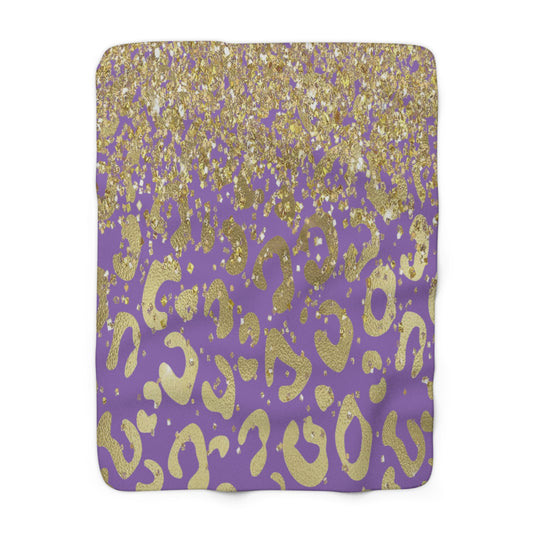 Gold Glitter Leopard Sherpa Blanket — Purple Animal Print Cozy Throw