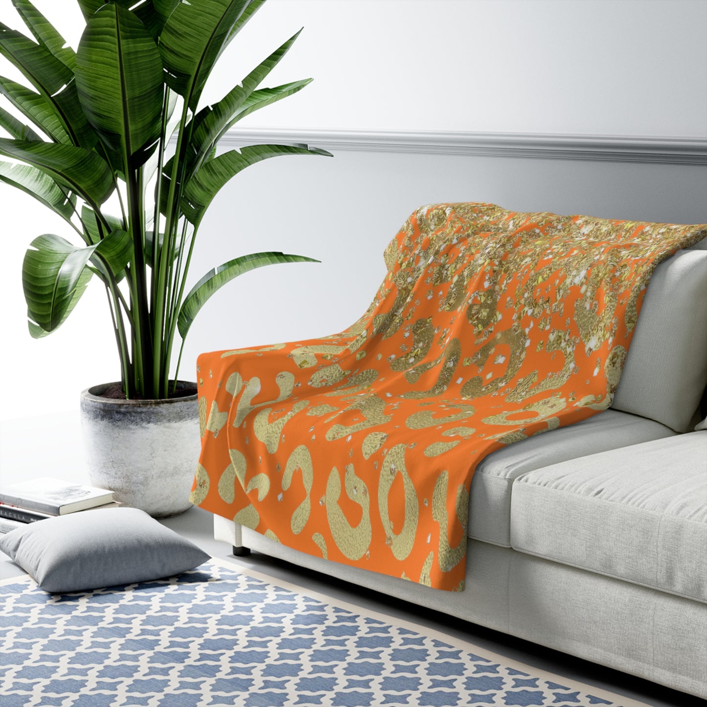 Gold Glitter Leopard Sherpa Blanket — Orange Animal Print Cozy Throw