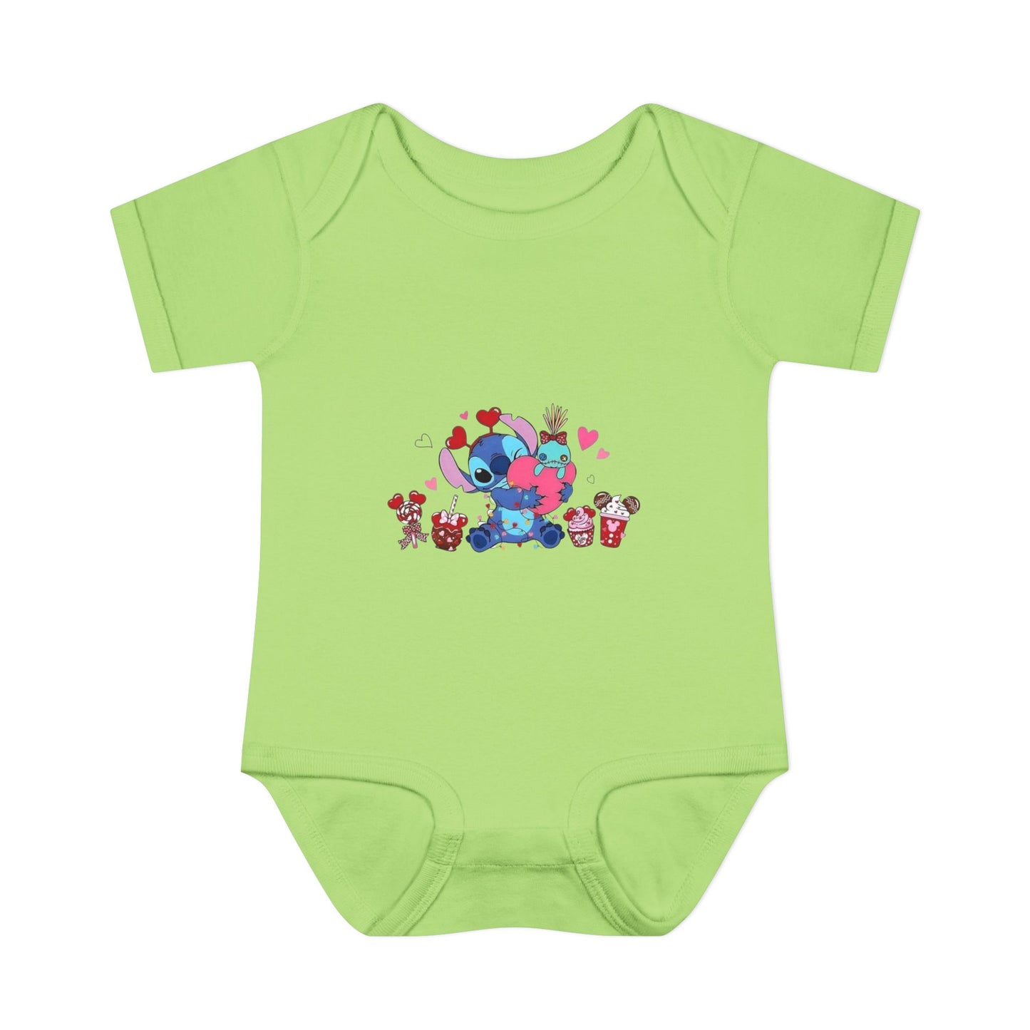 Stitch Valentine Baby Bodysuit — Cute Disney-Inspired Infant Onesie with Hearts & Treats