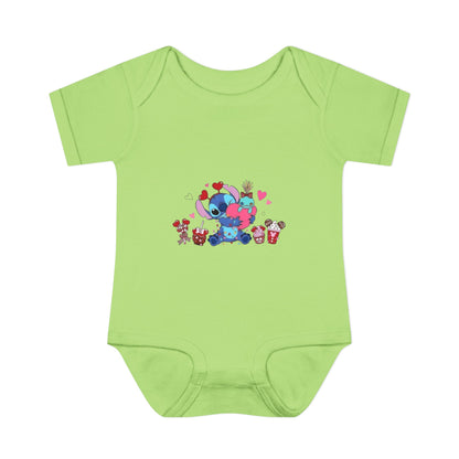 Stitch Valentine Baby Bodysuit — Cute Disney-Inspired Infant Onesie with Hearts & Treats