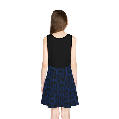 Blue Leopard Print Girls' Sundress, Fashionable Spring Dress, Perfect for Summer Parties, Daily Wear, Special Occasions
