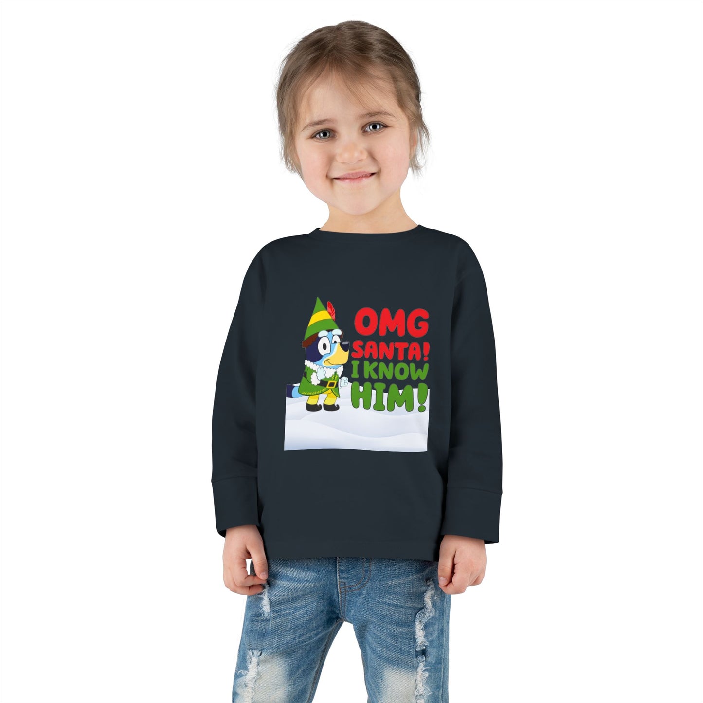 BLUE-Y Toddler Long Sleeve Tee — "OMG Santa! I Know Him!" DOG Christmas Shirt