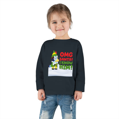 BLUE-Y Toddler Long Sleeve Tee — "OMG Santa! I Know Him!" DOG Christmas Shirt