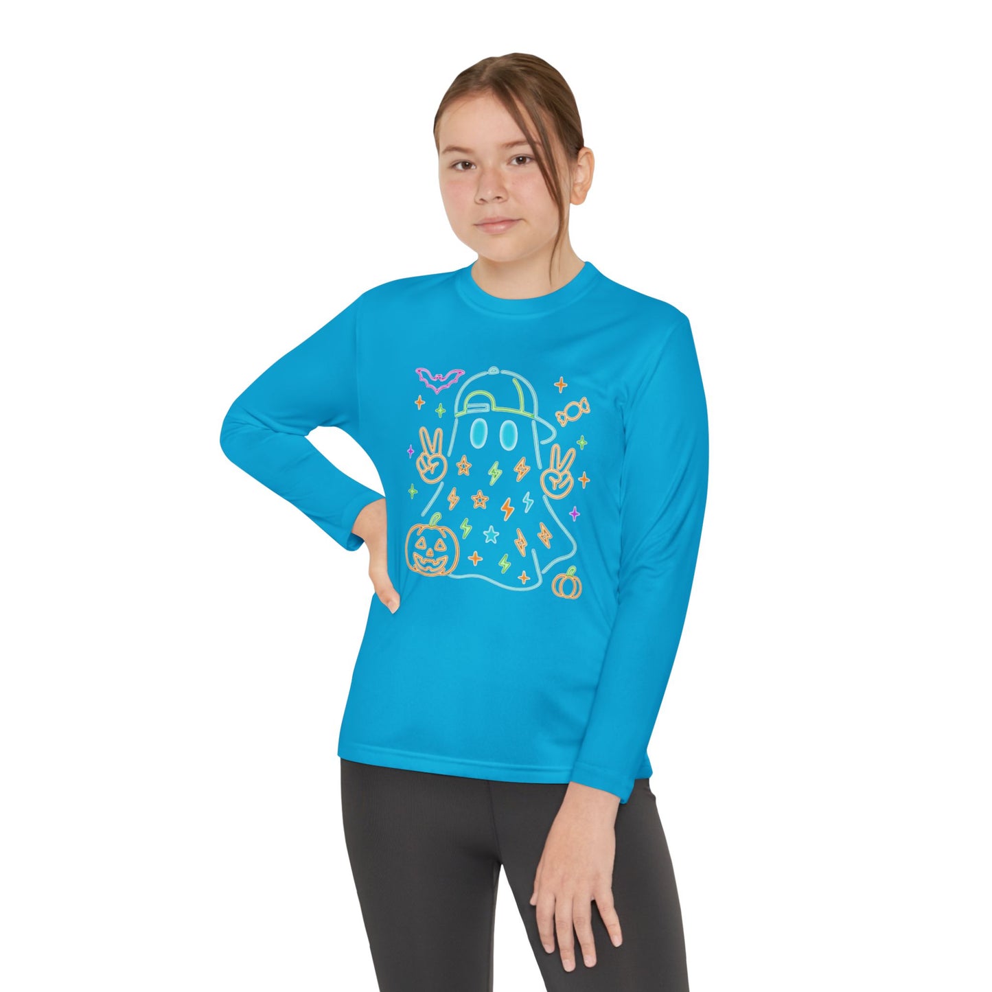 Youth Long Sleeve Ghost Tee, Halloween Shirt, Pumpkin Design, Cute Apparel, Kids' Holiday Wear, Spooky Fun Top