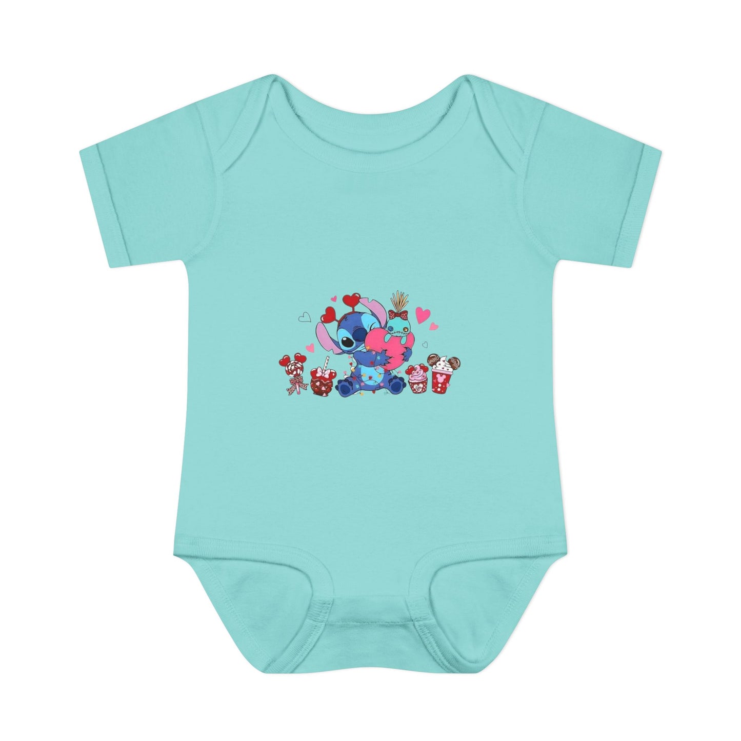 Stitch Valentine Baby Bodysuit — Cute Disney-Inspired Infant Onesie with Hearts & Treats