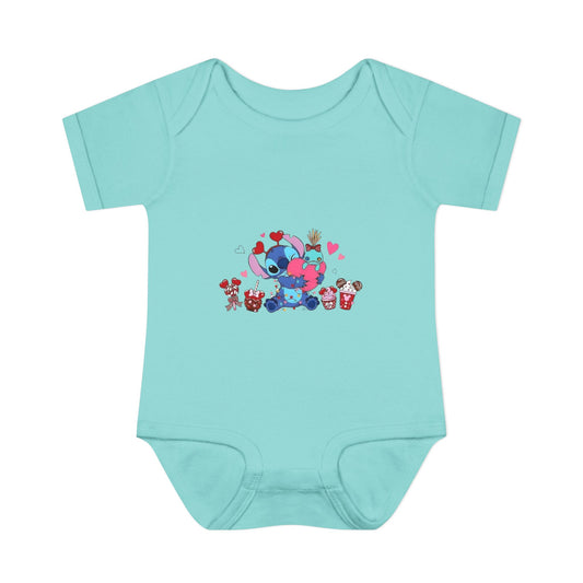 Stitch Valentine Baby Bodysuit — Cute Disney-Inspired Infant Onesie with Hearts & Treats