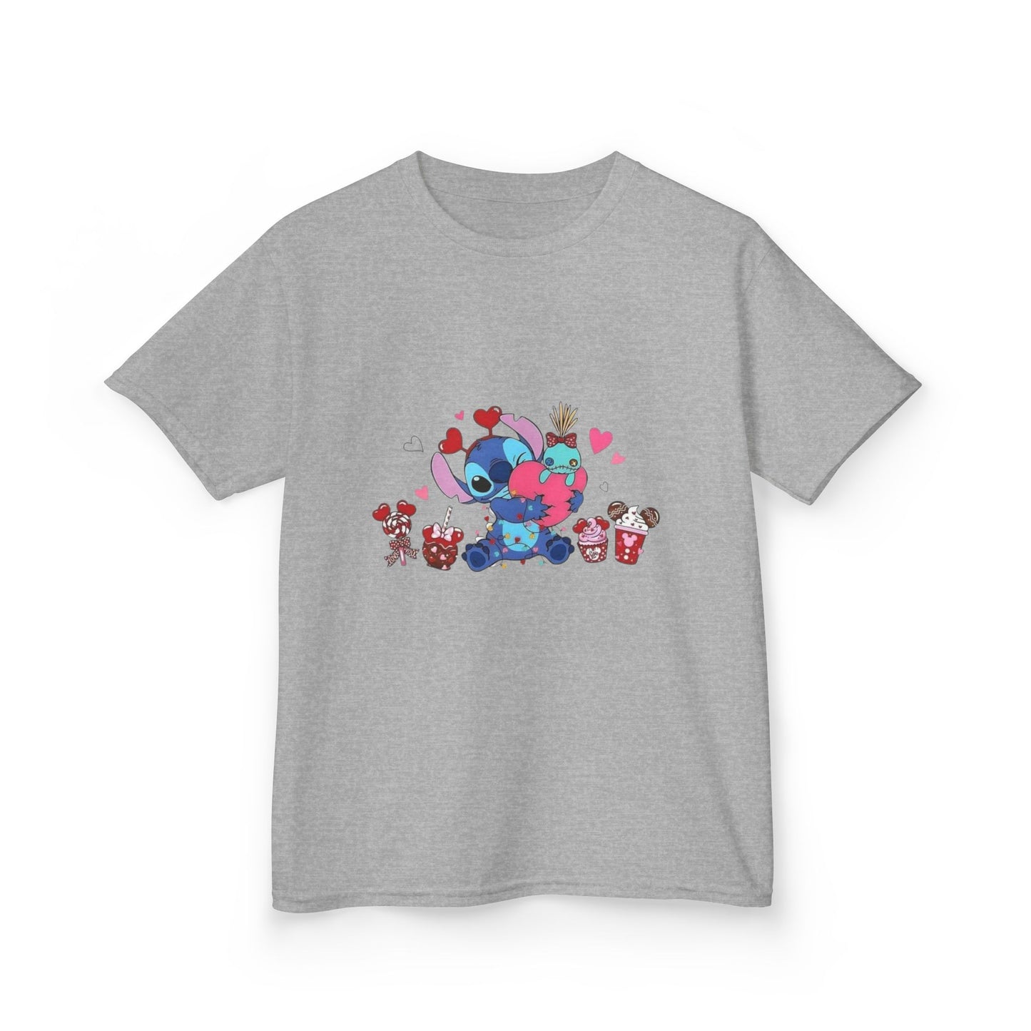 Stitch- Kids Valentine Alien Tee — Cute Blue Alien Hugging Pink Heart Plushie