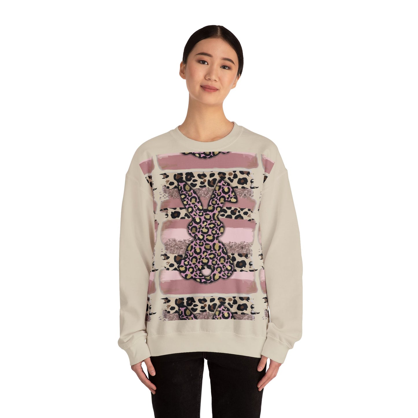 Leopard Print Bunny Crewneck Sweatshirt — Pink Striped Animal Easter Pullover