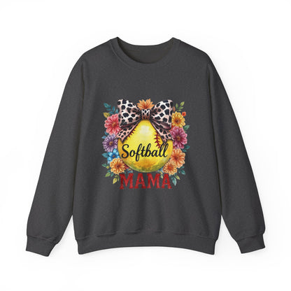 Softball Mama Crewneck Sweatshirt — Floral Softball Design with Leopard Bow