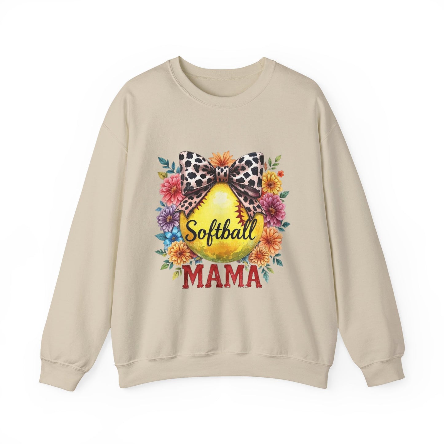 Softball Mama Crewneck Sweatshirt — Floral Softball Design with Leopard Bow