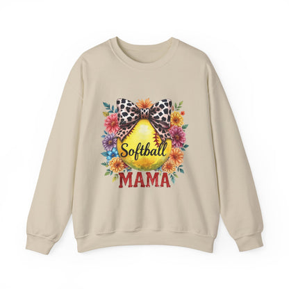Softball Mama Crewneck Sweatshirt — Floral Softball Design with Leopard Bow