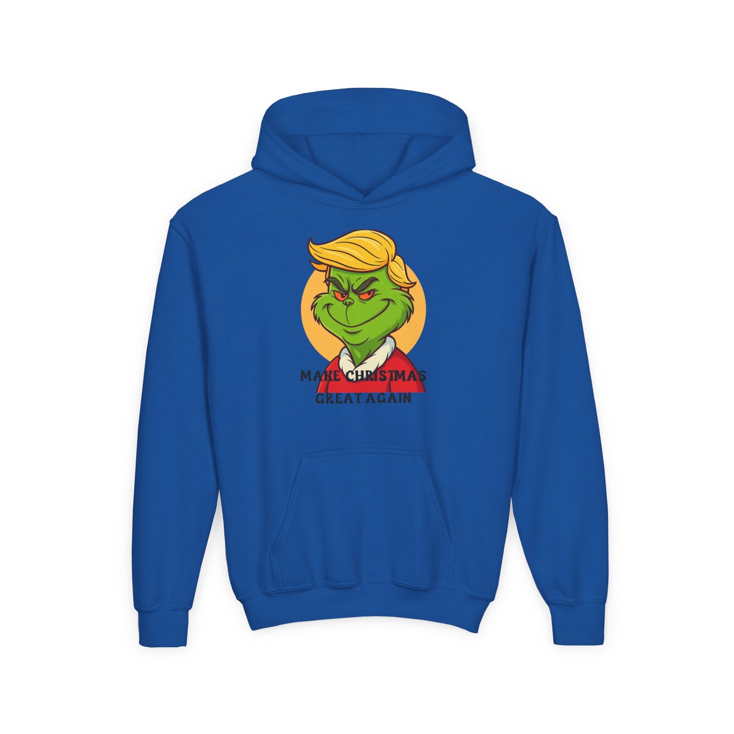 Youth Hoodie — Grinch Face Holiday Sweatshirt with 'Make Christmas Great Again' Text
