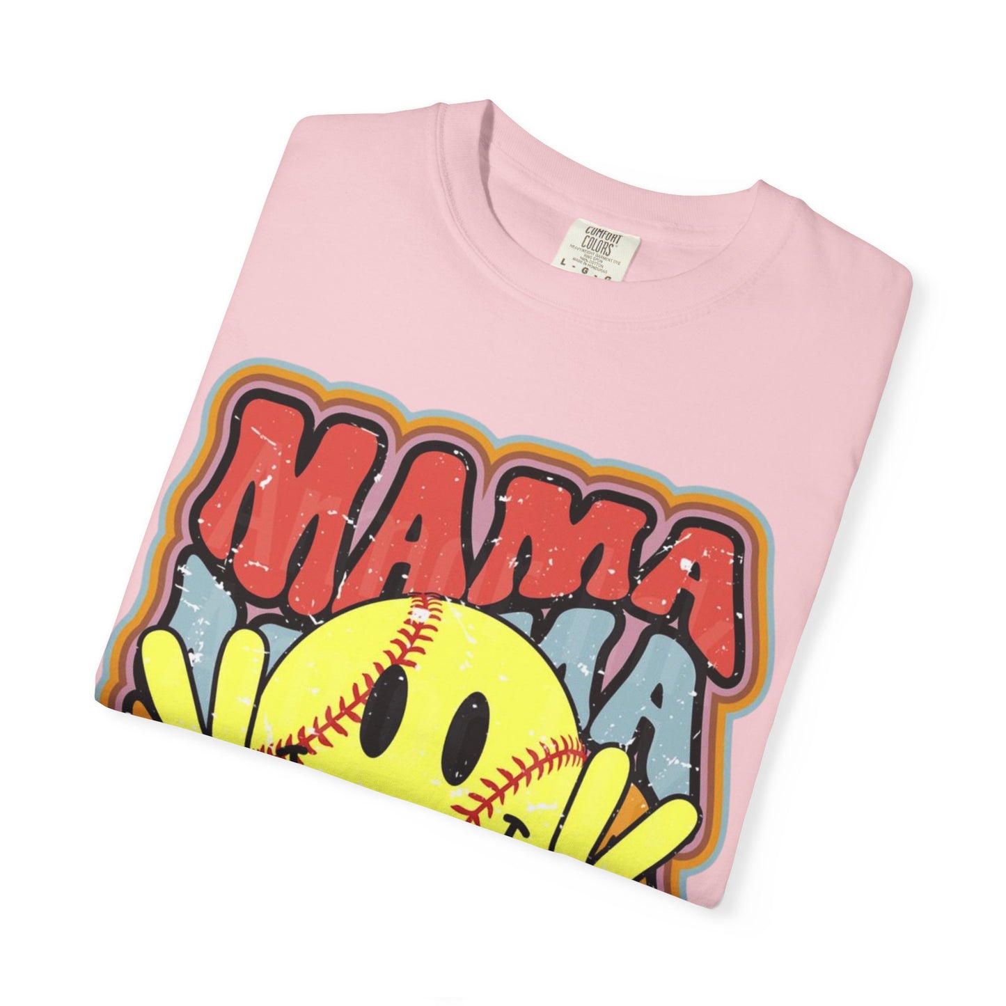 Mama Softball Smile T-Shirt — Retro Peace Sign Softball Mom Tee