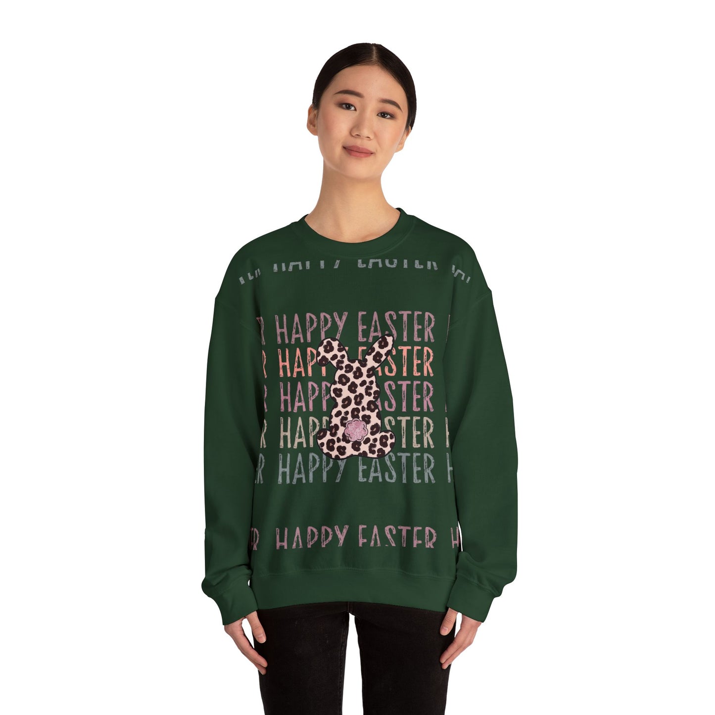 Easter Leopard Bunny Sweatshirt — "Happy Easter" Pastel Graphic Crewneck