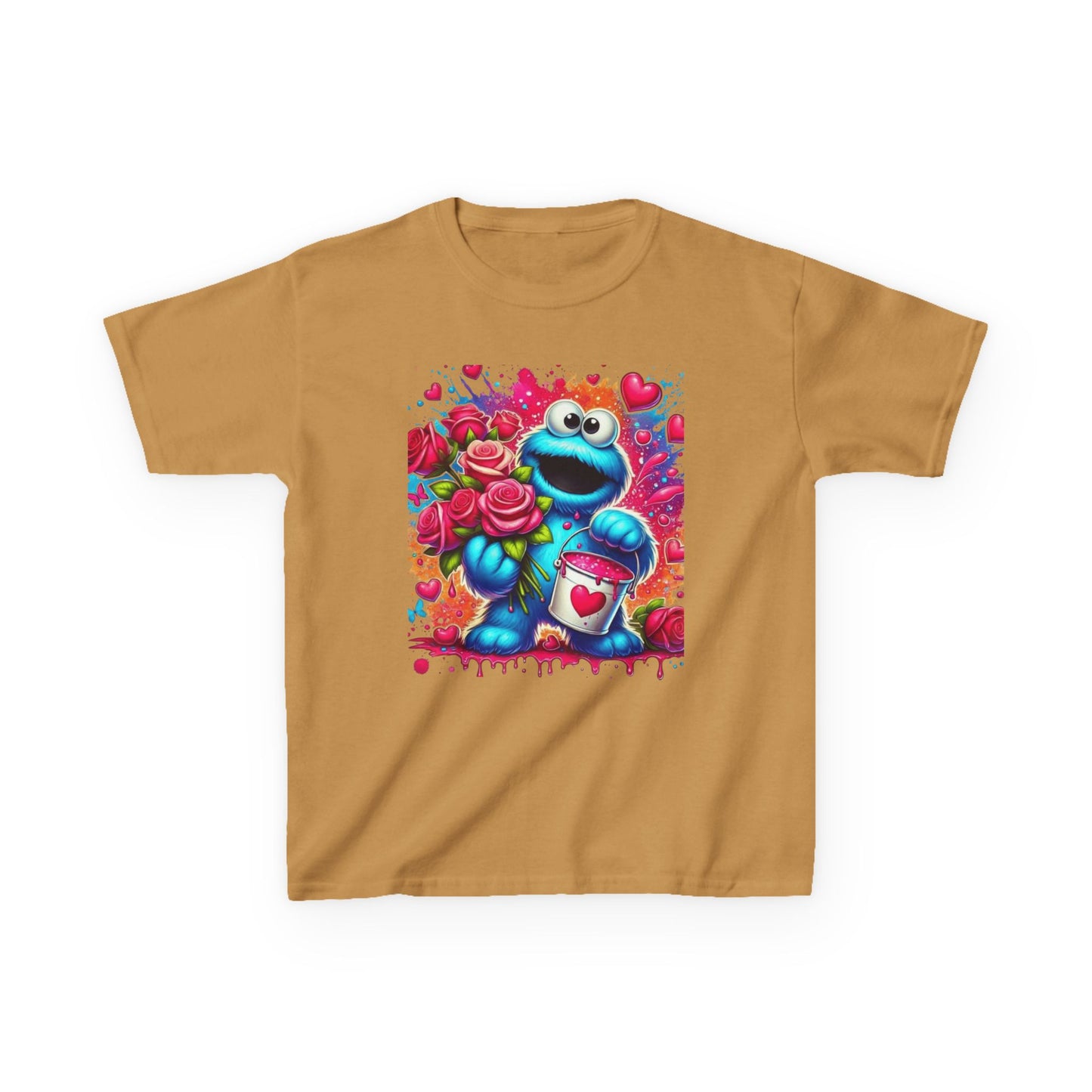 Valentine Blue Monster Kids Tee — Cute Fluffy Monster with Roses & Heart Paint