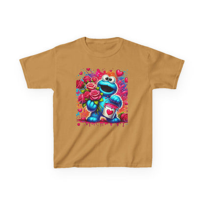 Valentine Blue Monster Kids Tee — Cute Fluffy Monster with Roses & Heart Paint