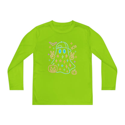 Youth Long Sleeve Ghost Tee, Halloween Shirt, Pumpkin Design, Cute Apparel, Kids' Holiday Wear, Spooky Fun Top