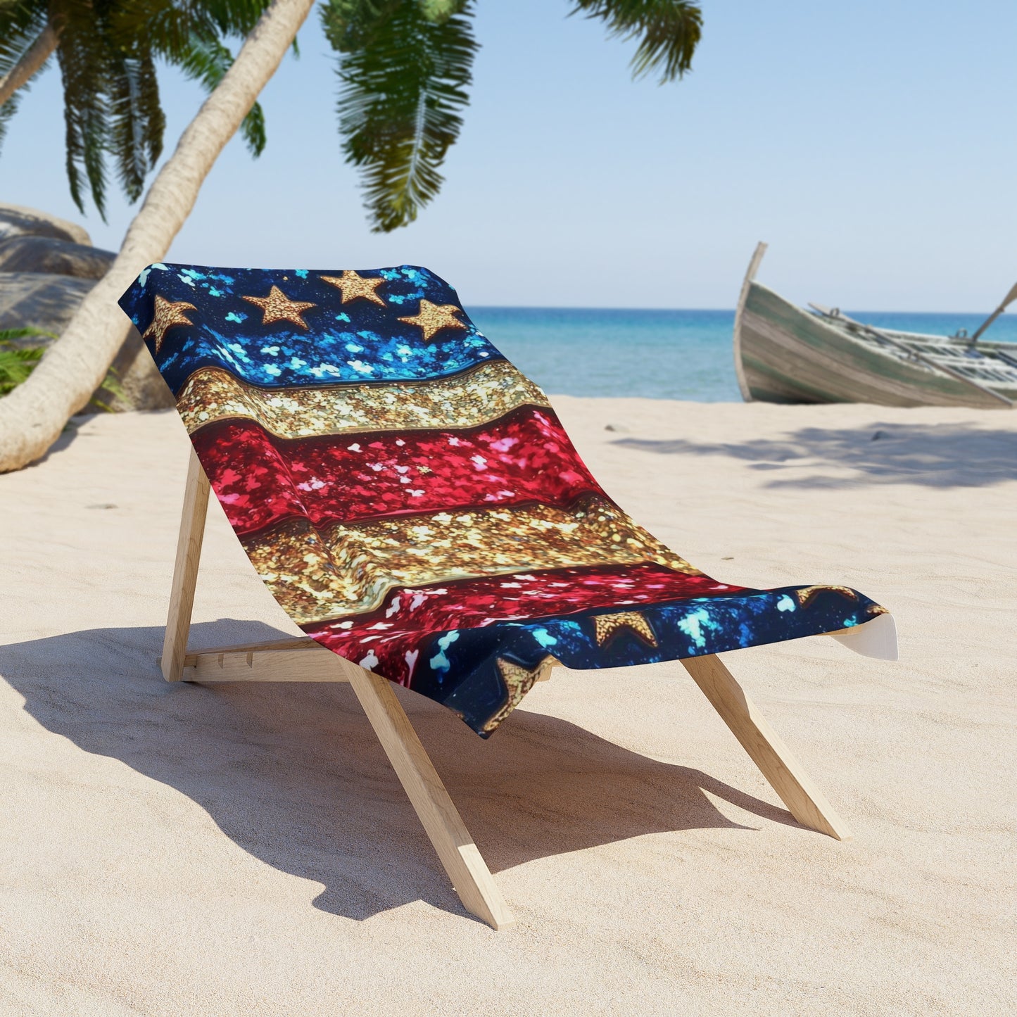 Patriotic Glitter Stars Beach Towel — Red White Blue Stripes
