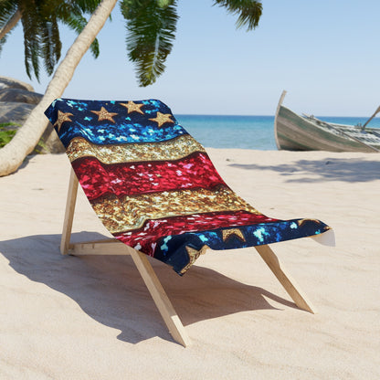 Patriotic Glitter Stars Beach Towel — Red White Blue Stripes