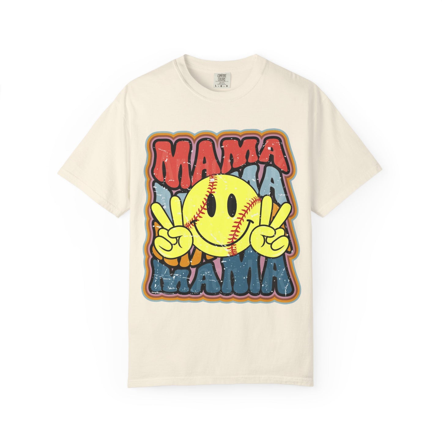 Mama Softball Smile T-Shirt — Retro Peace Sign Softball Mom Tee