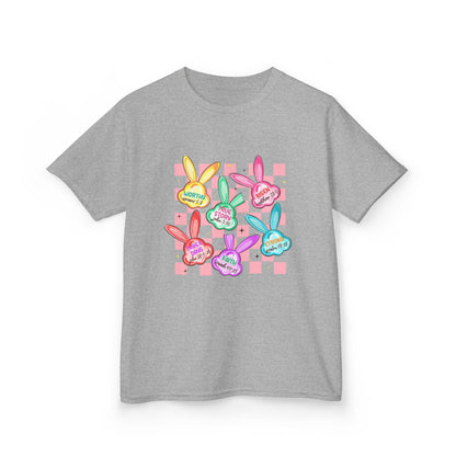 Kids Tee — Colorful Pastel Bunny Badges “Hug Me” Graphic