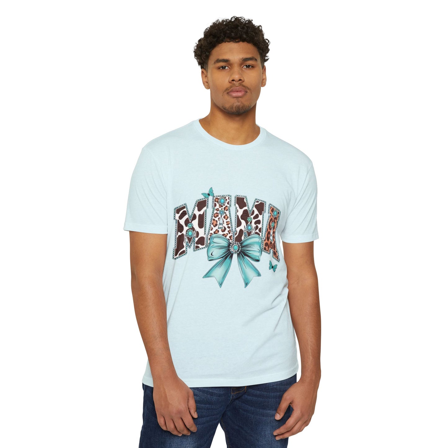 Mama Leopard Print Ribbon T‑Shirt — Teal Bow Mom Shirt