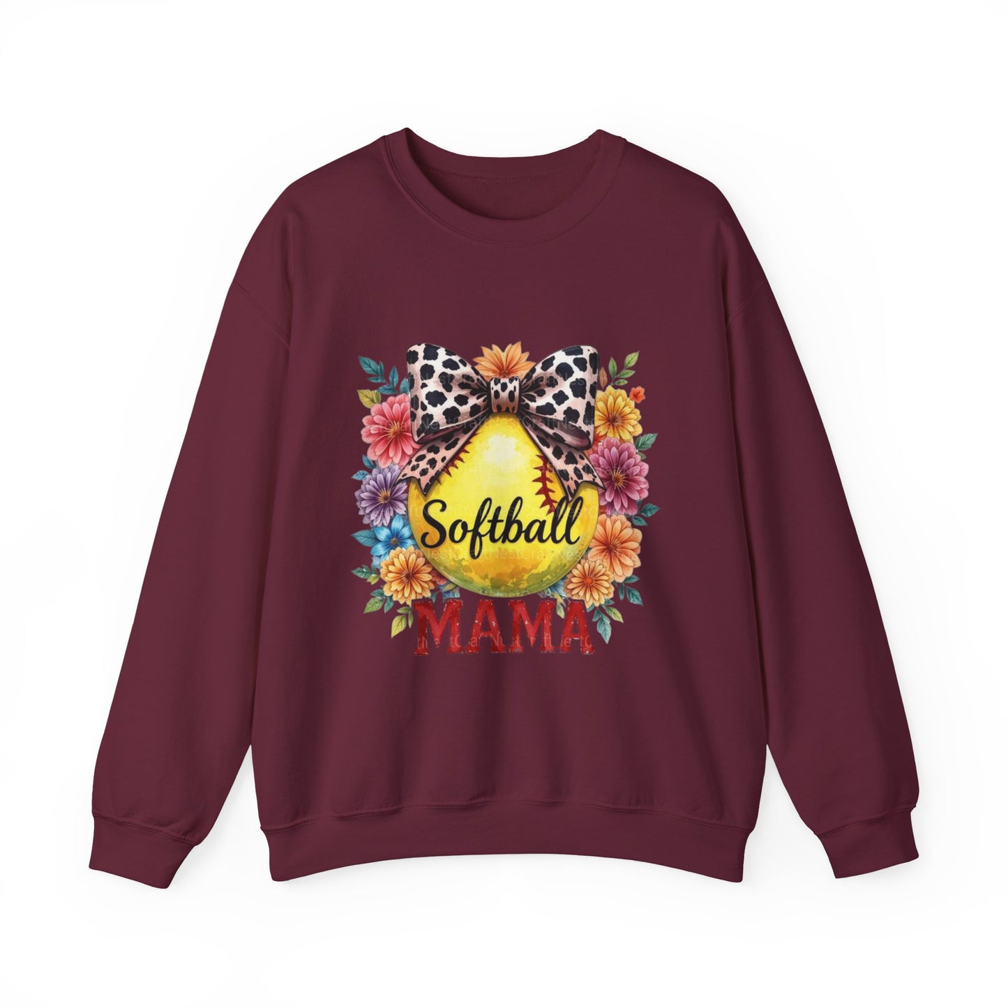 Softball Mama Crewneck Sweatshirt — Floral Softball Design with Leopard Bow