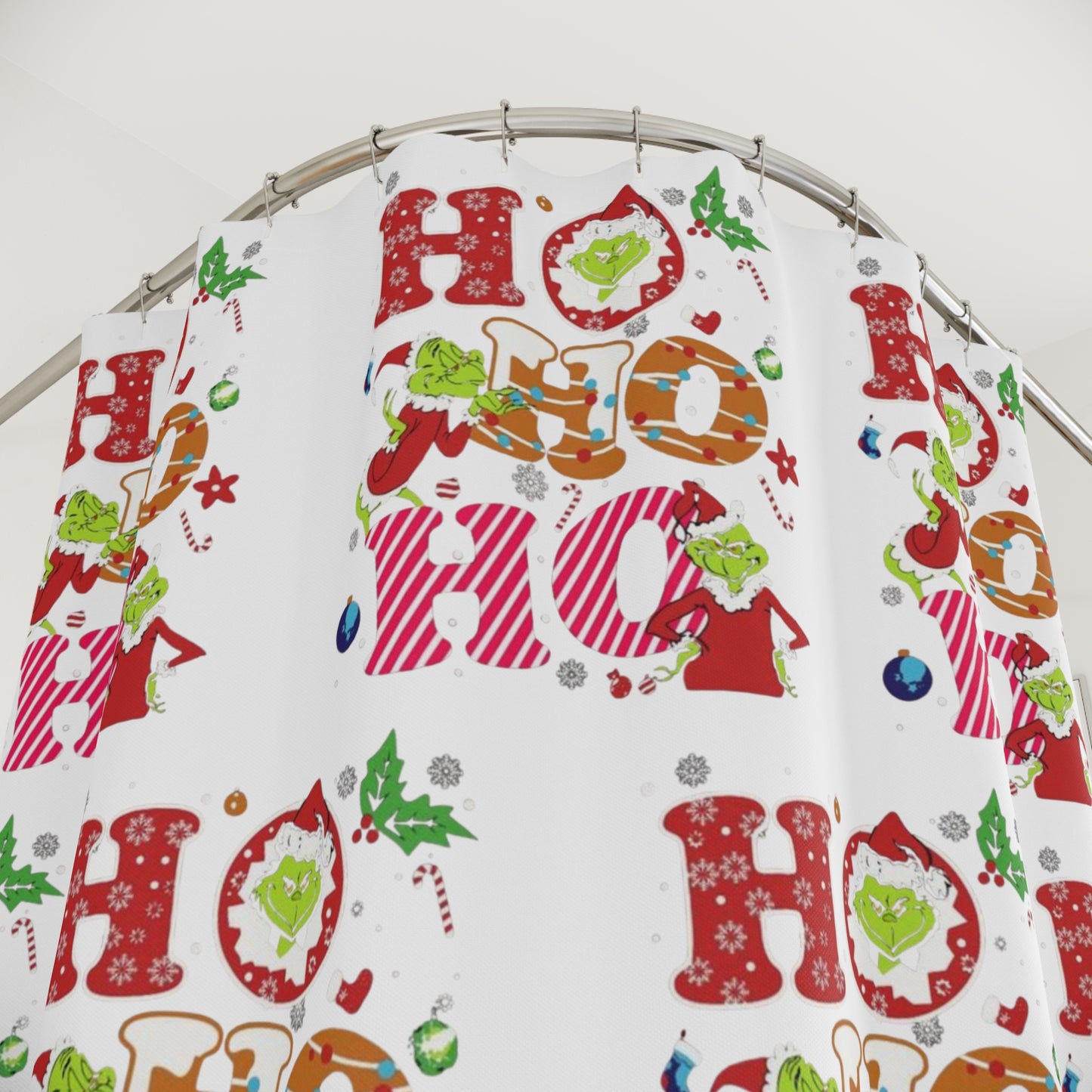 Festive Grinch Holiday Shower Curtain with 'HO HO HO' Design