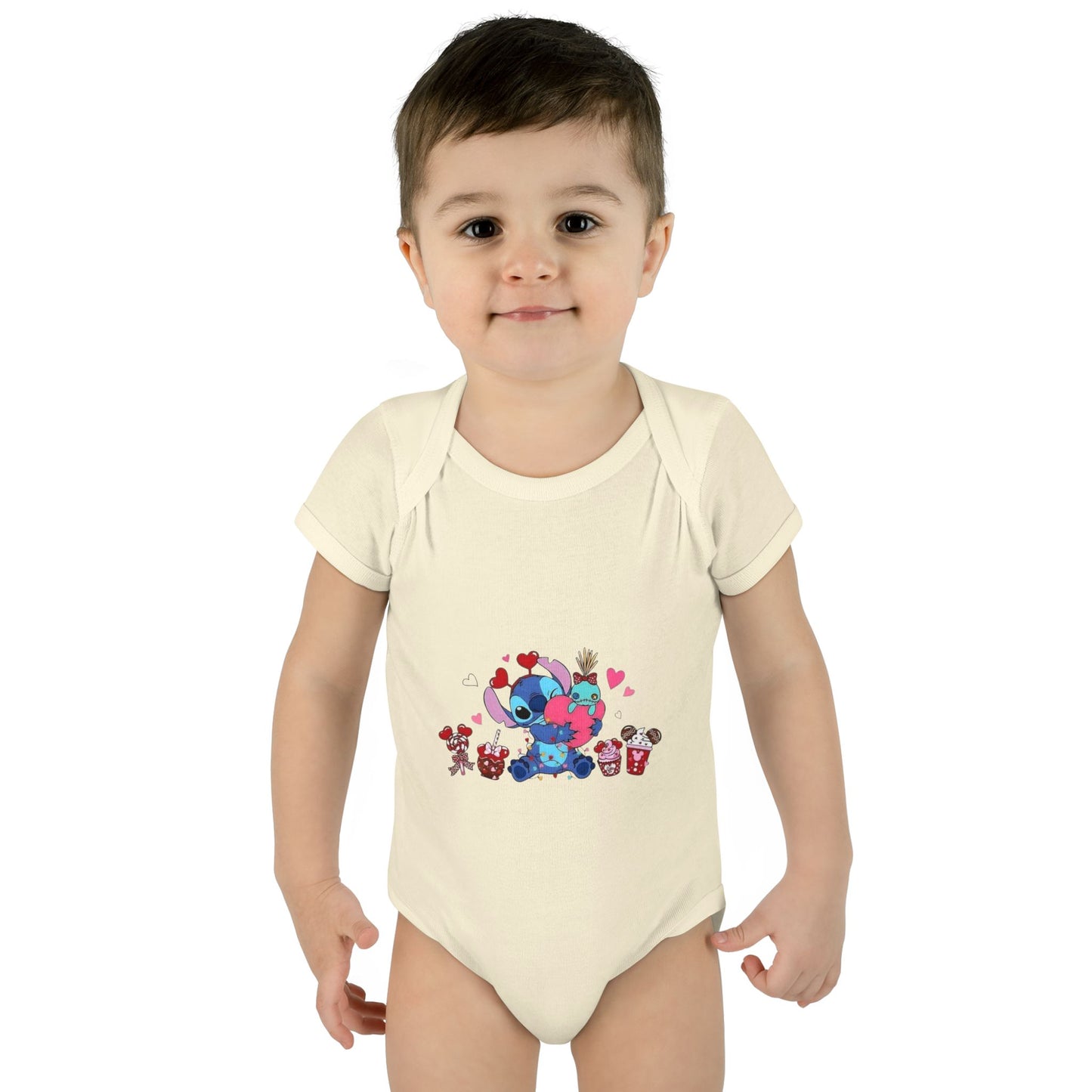 Stitch Valentine Baby Bodysuit — Cute Disney-Inspired Infant Onesie with Hearts & Treats