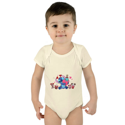 Stitch Valentine Baby Bodysuit — Cute Disney-Inspired Infant Onesie with Hearts & Treats