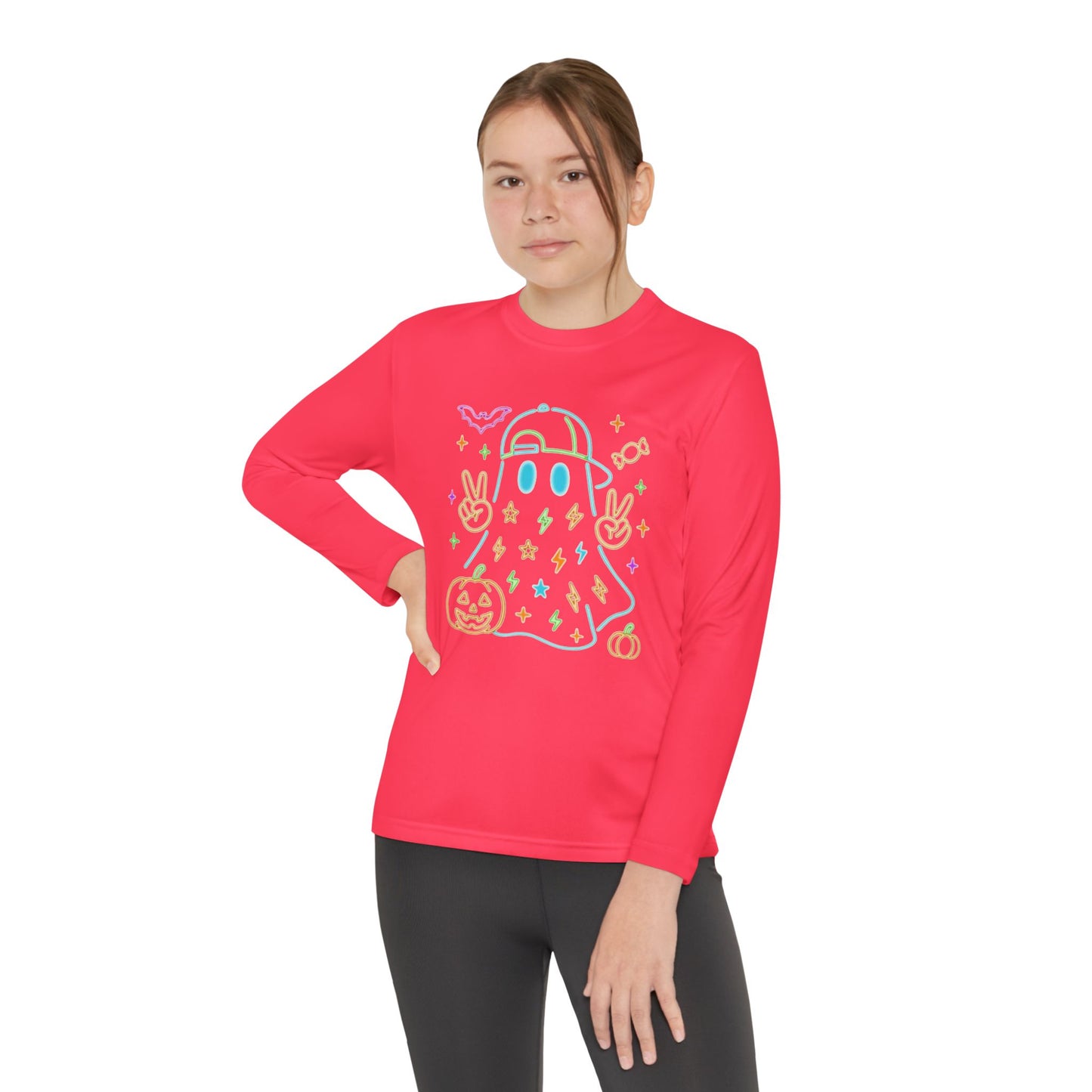 Youth Long Sleeve Ghost Tee, Halloween Shirt, Pumpkin Design, Cute Apparel, Kids' Holiday Wear, Spooky Fun Top