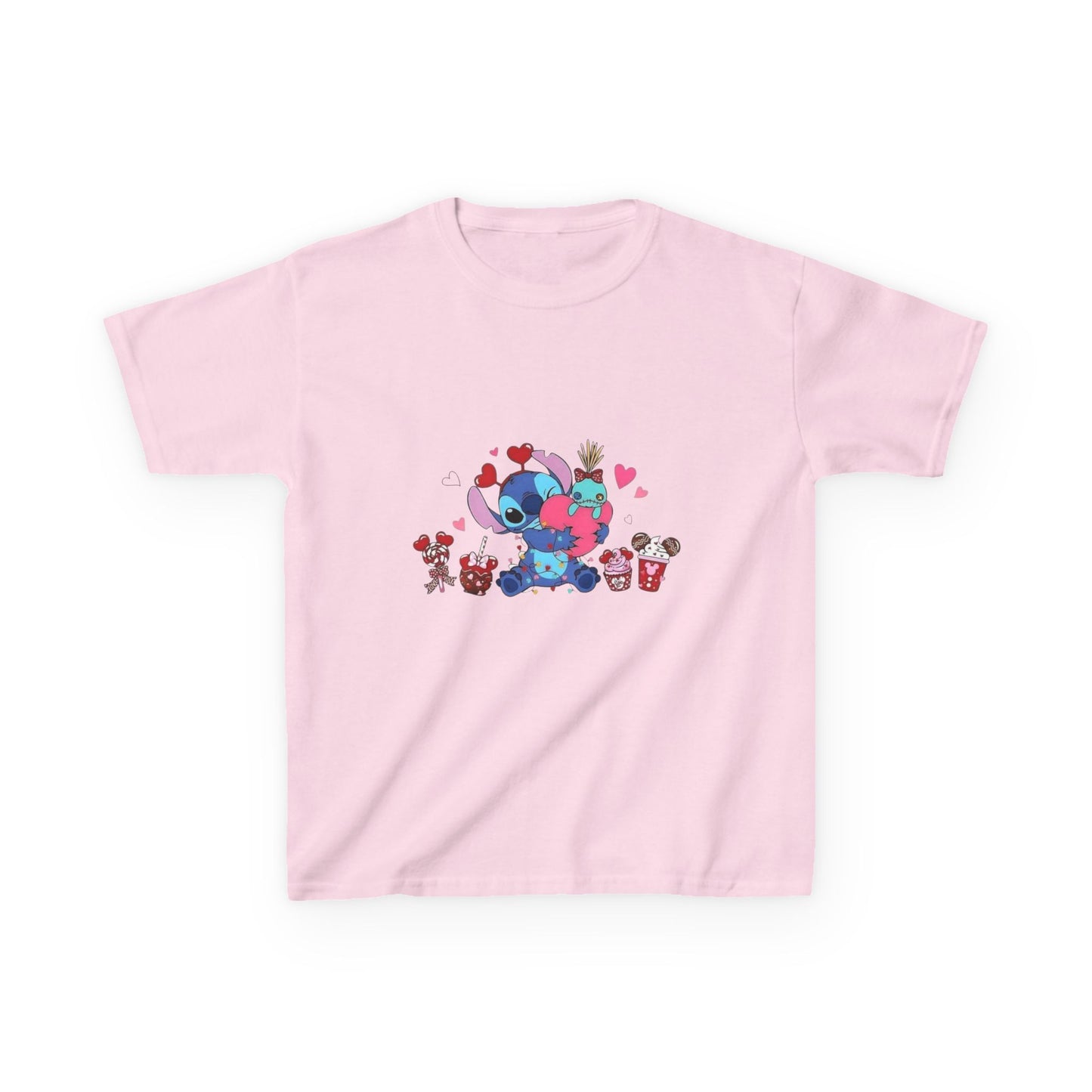 Stitch- Kids Valentine Alien Tee — Cute Blue Alien Hugging Pink Heart Plushie