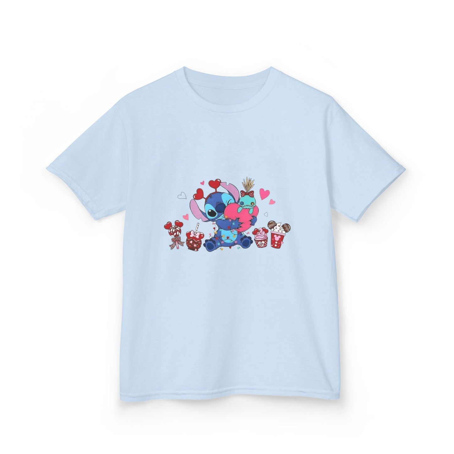 Stitch- Kids Valentine Alien Tee — Cute Blue Alien Hugging Pink Heart Plushie