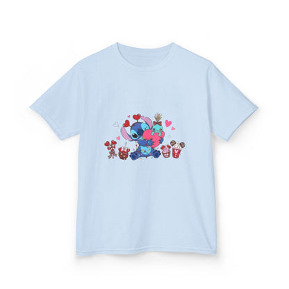 Stitch- Kids Valentine Alien Tee — Cute Blue Alien Hugging Pink Heart Plushie
